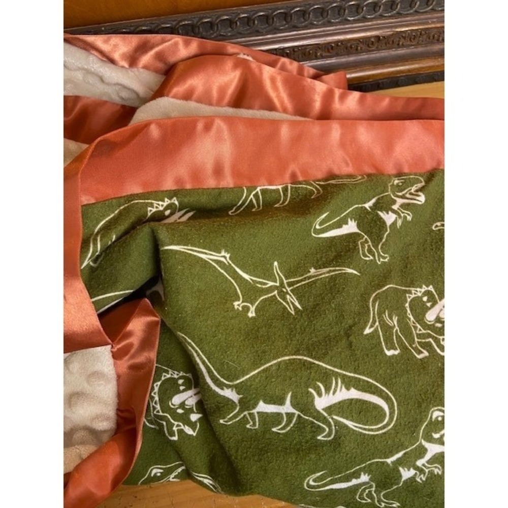 Dinosaur Baby Blanket Olive Green Fleece Cream Minky Dot Rust Satin Trim Milo